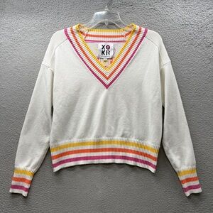 Kerri Rosenthal Get Happy V-Neck Knit Sweater Top Striped Colorful Soft Size S